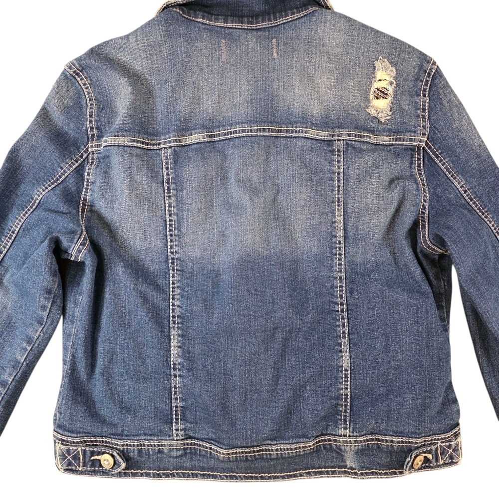 Amethyst Jeans Distressed Crop Denim Jean Jacket Women’s XL Blue Stretch Sequins - Picture 8 of 12